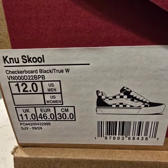 Vans Knu Skool Black White VN000D22BPB Sneaker Shoe Trainer Checkerboard SZ 12 - Picture 9 of 12